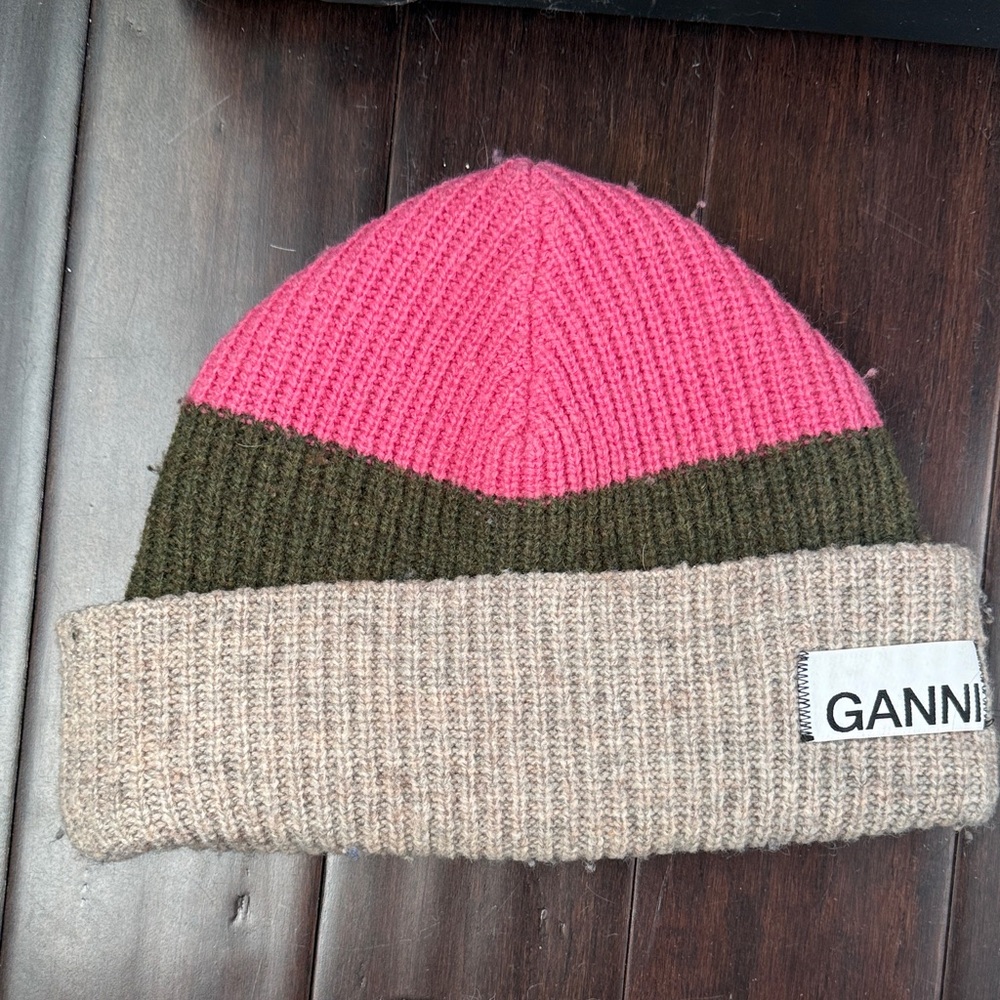 Ganni Pink and Olive Knit Beanie